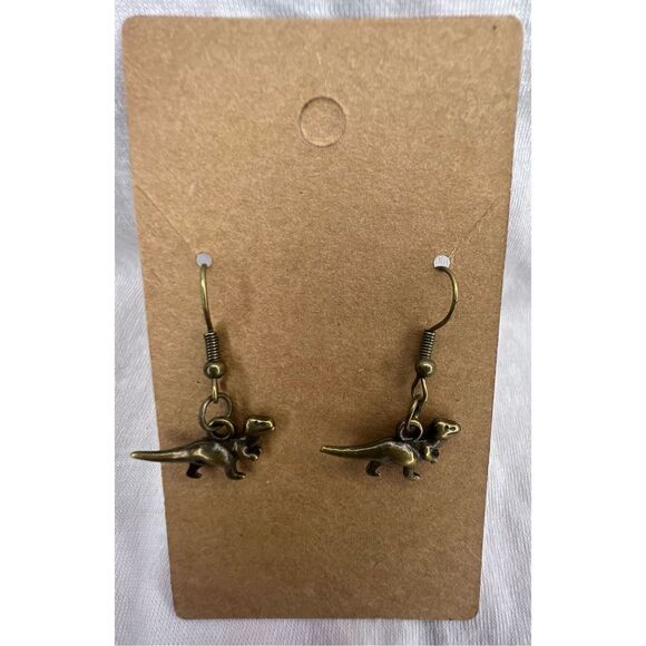 Handmade Bronze Dangly Dinosaur Earrings - Picture 1 of 4